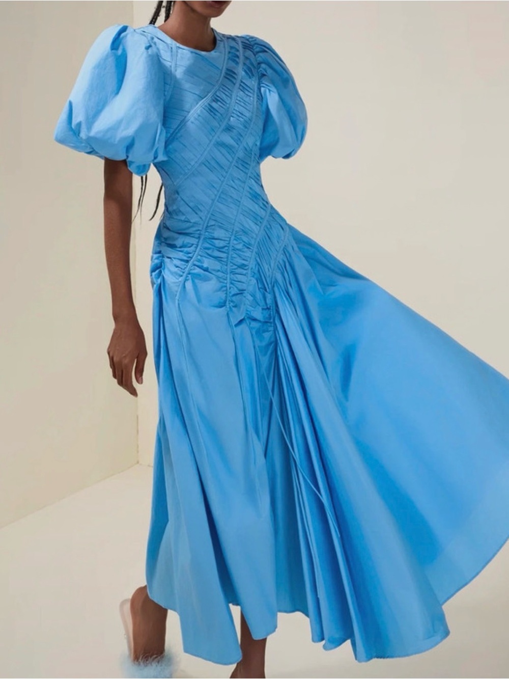 Sky Blue Puff-Sleeve Midi Dress